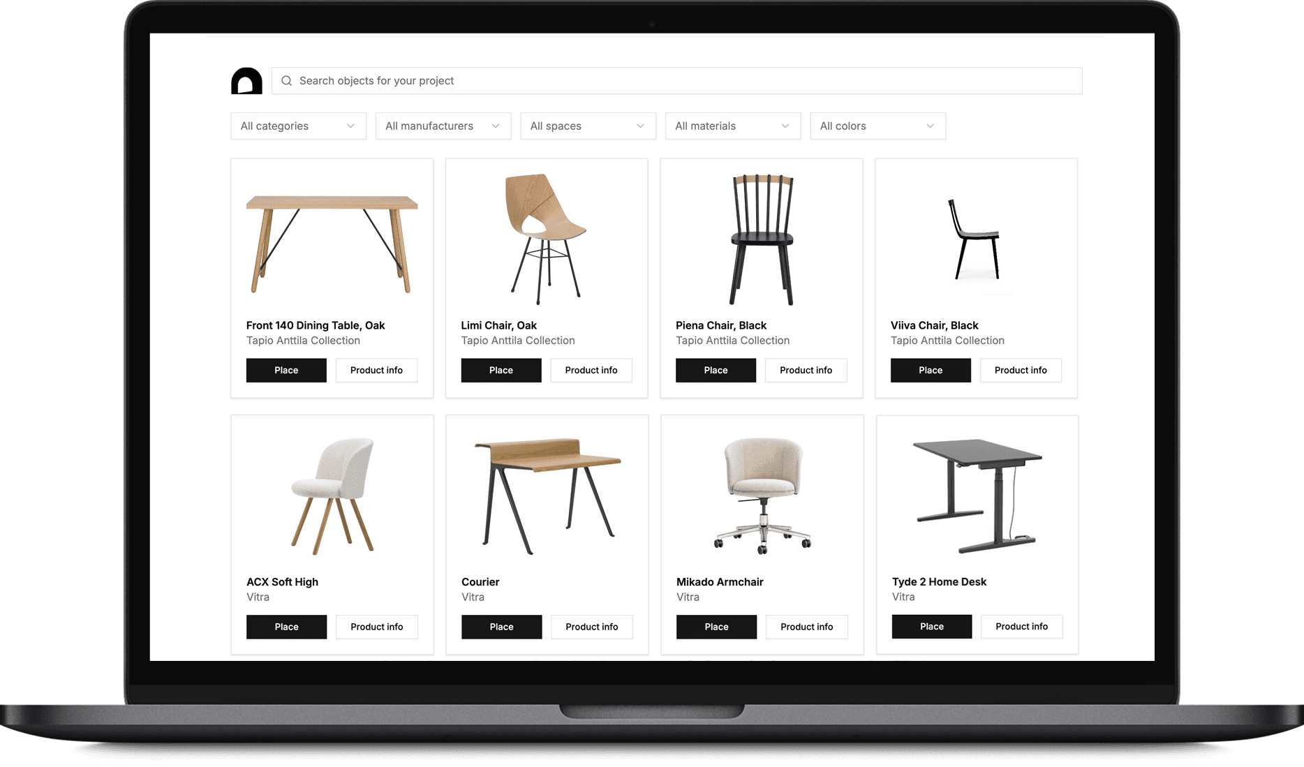 Product catalogue showing a grid of designer chairs with filtering options