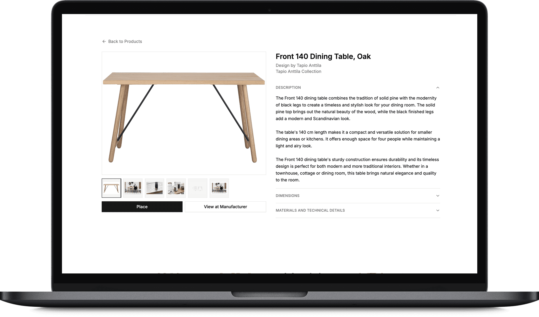 Product detail page showing a dining table with technical specifications